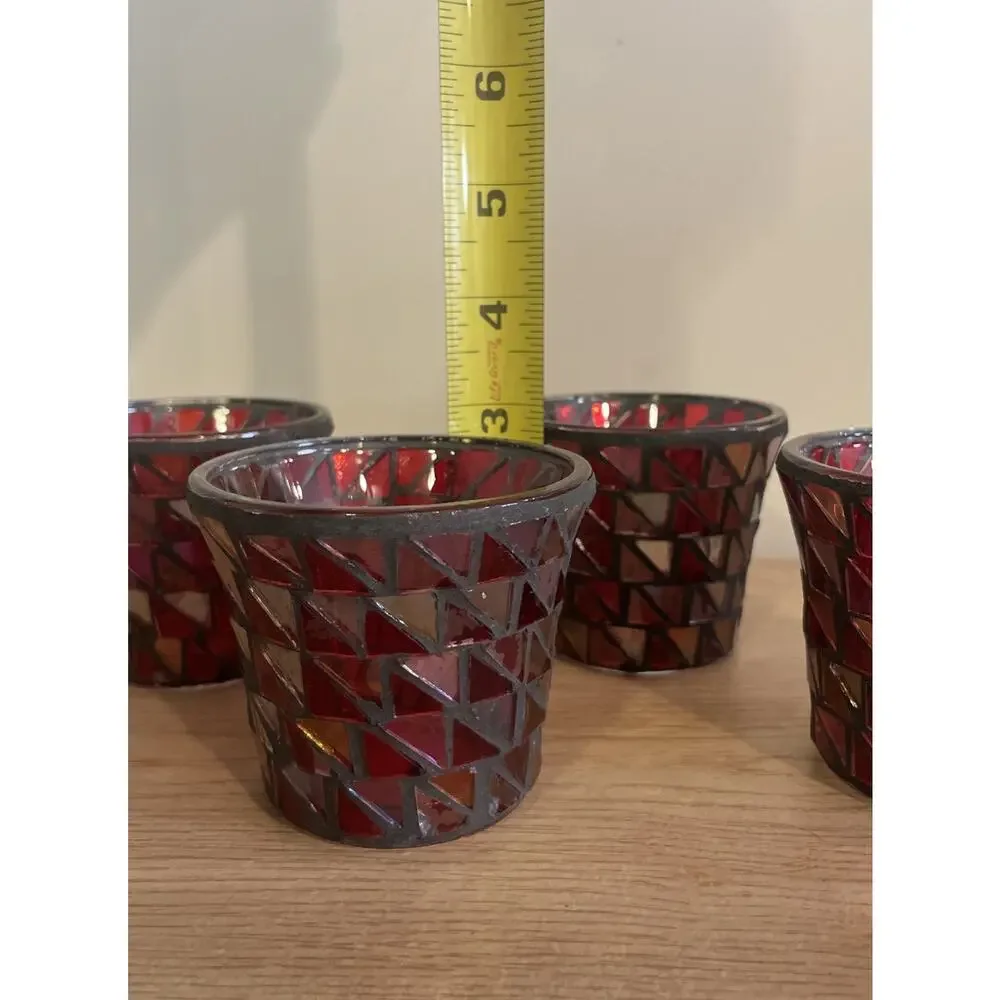 (Set of 4) VTG 2.75” H Pier 1 Red/Gray Mosaic Tea Light Votive Candle Holders